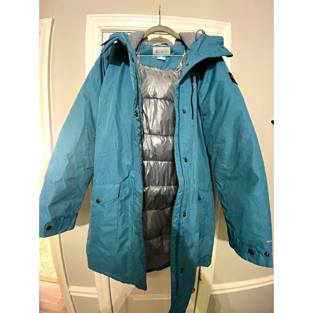 Columbia Omni-Heat Women's Parka Coat L Blue Down Insulated Hooded Zip/Snap